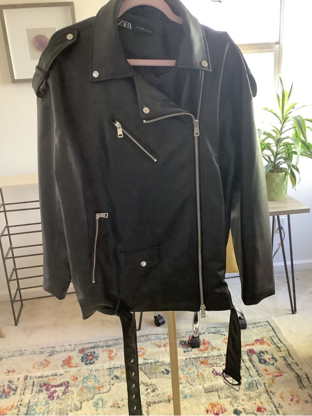 Zara Black Faux Leather Biker Jacket with Silver Hardware